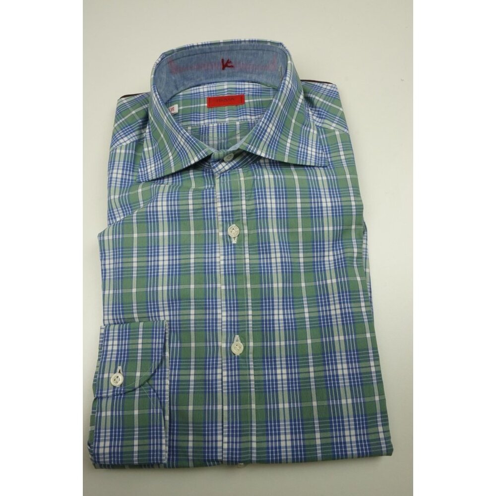 Isaia Mint Green Cobalt White Plaid Long Sleeve Cotton Dress Shirt 15.5/39 NEW